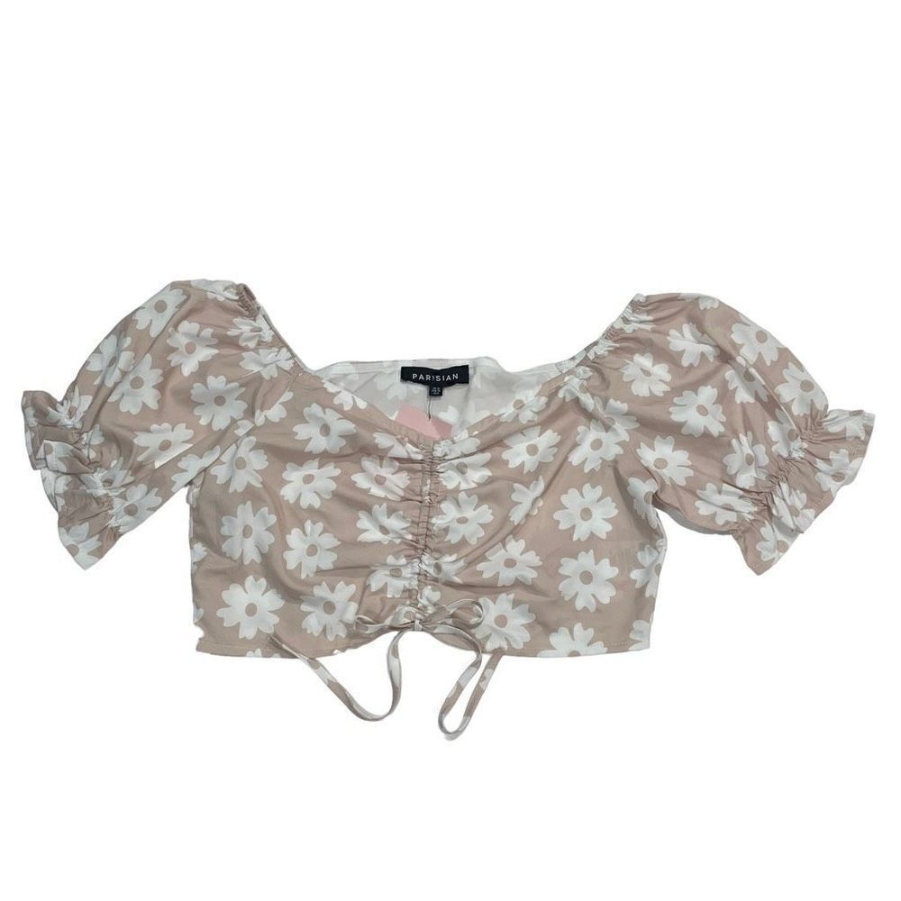 Parisian Floral Crop Top Women Tan Balloon Sleeve Size 6 NWT